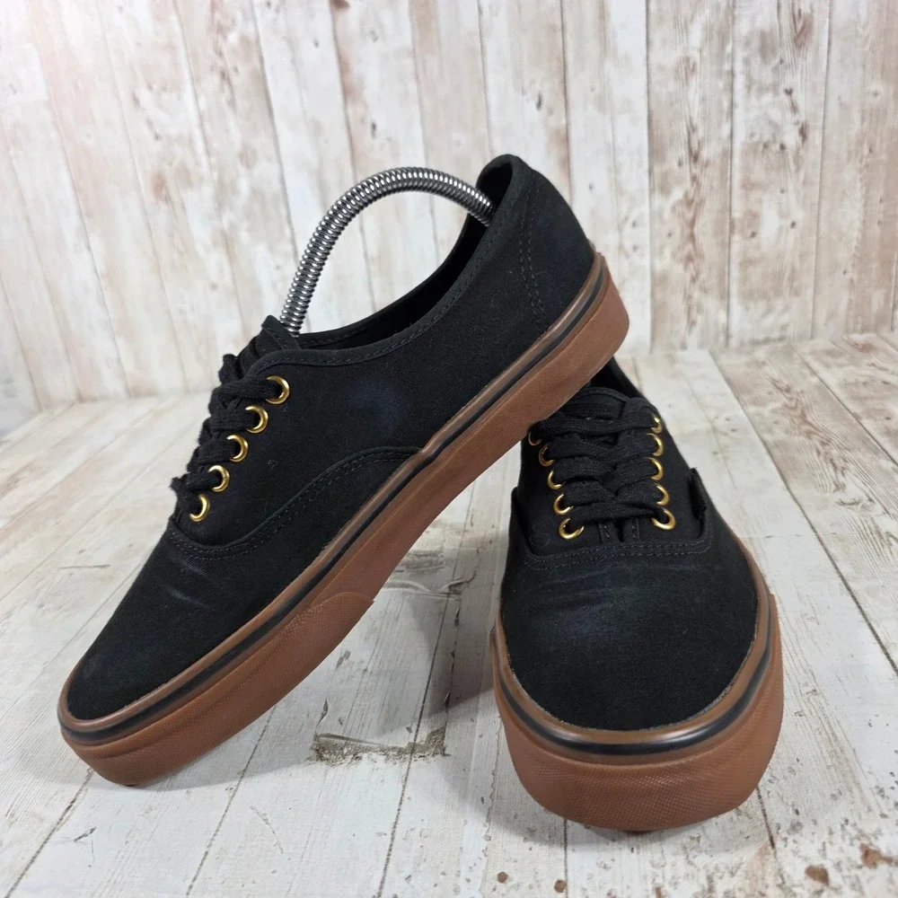 Vans Authentic Black Gum Sole Gold‎ Eyelets Mens 9.5 Sneakers Low Top Canvas